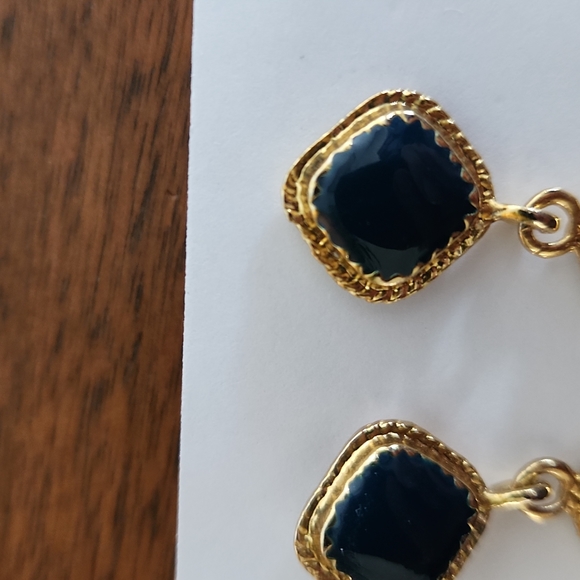 Earrings, Navy Squares, w Gold Tone around Each Sq, 2 hoops join Squares - Picture 2 of 4